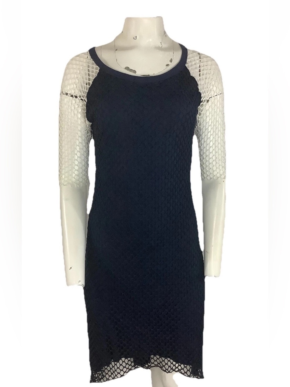 Pete Sz M Mesh Crochet Look Sheath Pullover Casual Layered Dress Blue White